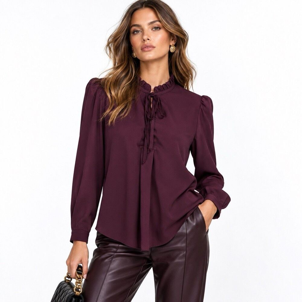 Parker Ruffle Neck Tie Blouse M Burgundy Puff Sleeve V-Neck Boho Pleated Top